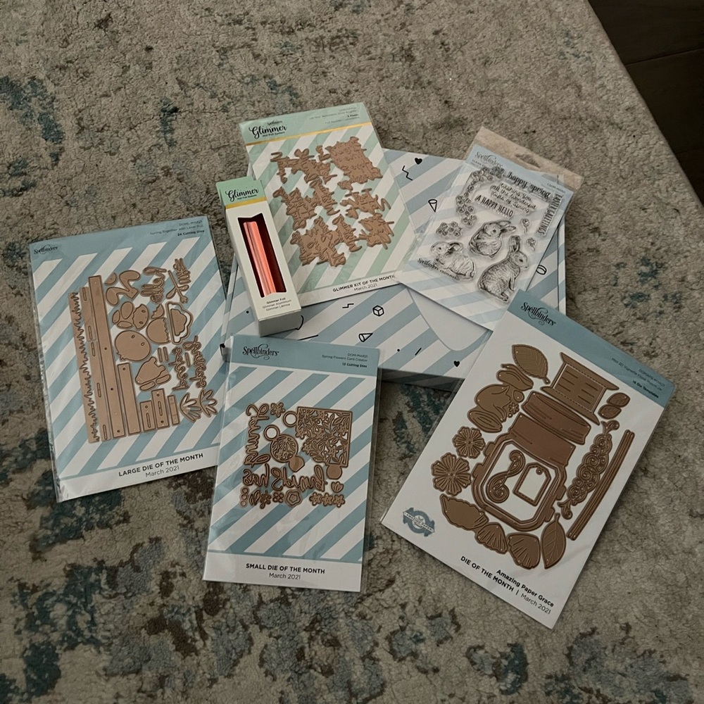 Spellbinders March 2021 club kit Hello Peeps Flower Mason Jar Foil card kit